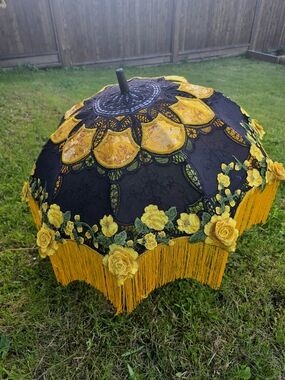 Black & Yellow Floral Lace Fringe Parasol Umbrella